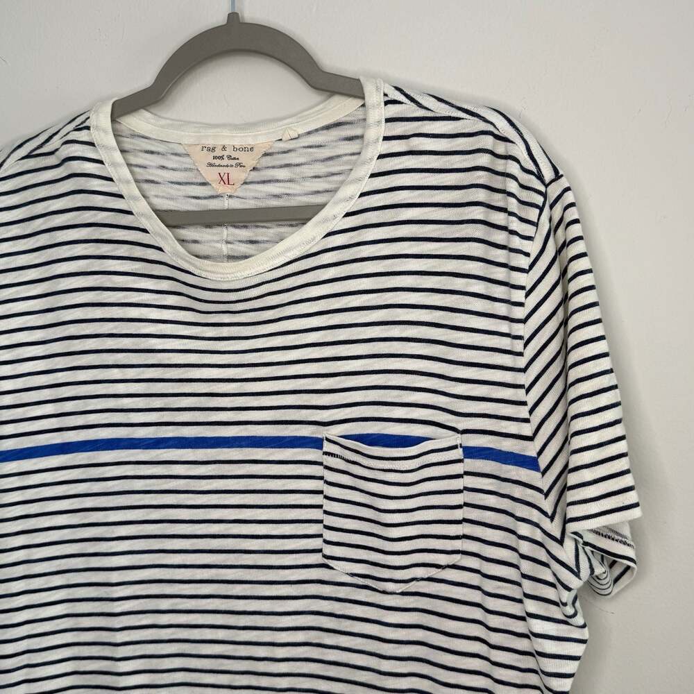 Rag & Bone Striped Pocket T-Shirt Size XL Nautical Beach 100% Cotton White Blue